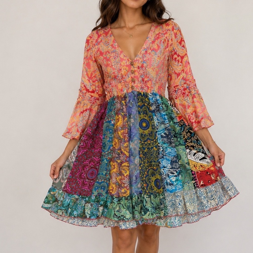Silk Blend Patchwork Boho Fairy Bell Sleeve tunic mini dress L/XL whimsy paisley